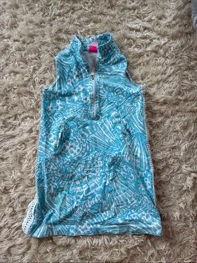 Lilly Pulitzer Turquoise and White Patterned Zip-Front Top